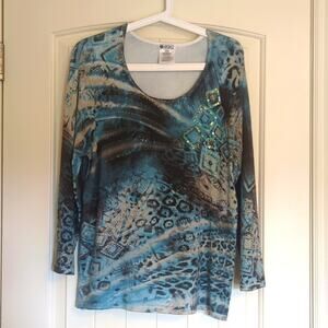 Chagall Turquoise Animal Print Sequin Embellished Lightweight Sweater Sz. XL